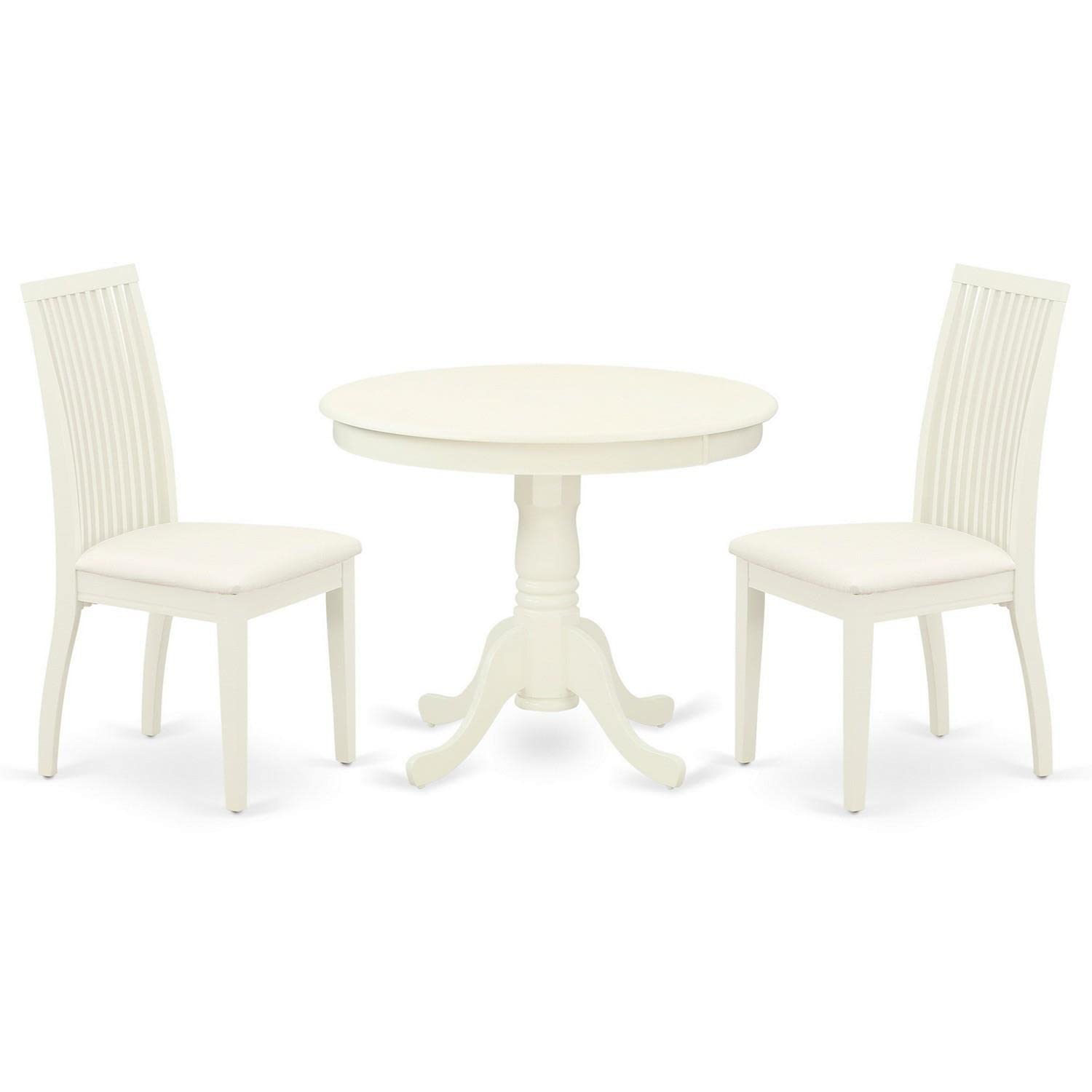 East West Furniture Anip3-Lwh-C 3 Piece Kitchen Table Set For Small Spaces Contains A Round Dining Table With Pedestal And 2 Linen Fabric Dining Room Chairs, 36X36 Inch, Linen White